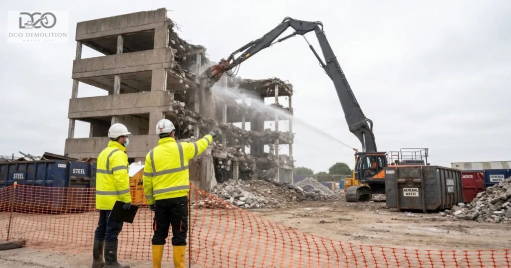demolition safety standards UAE — worker in PPE on active demolition site in Dubai