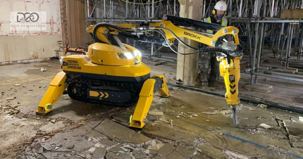 Robotic demolition machine operating inside a confined space on a Dubai construction site