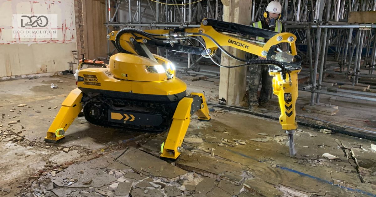 Robotic demolition machine operating inside a confined space on a Dubai construction site