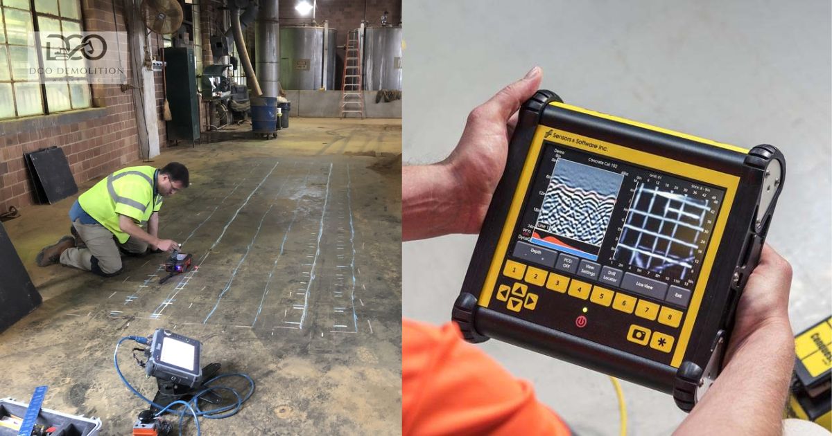 GPR concrete scanning technician scanning a concrete slab before demolition in Dubai UAE