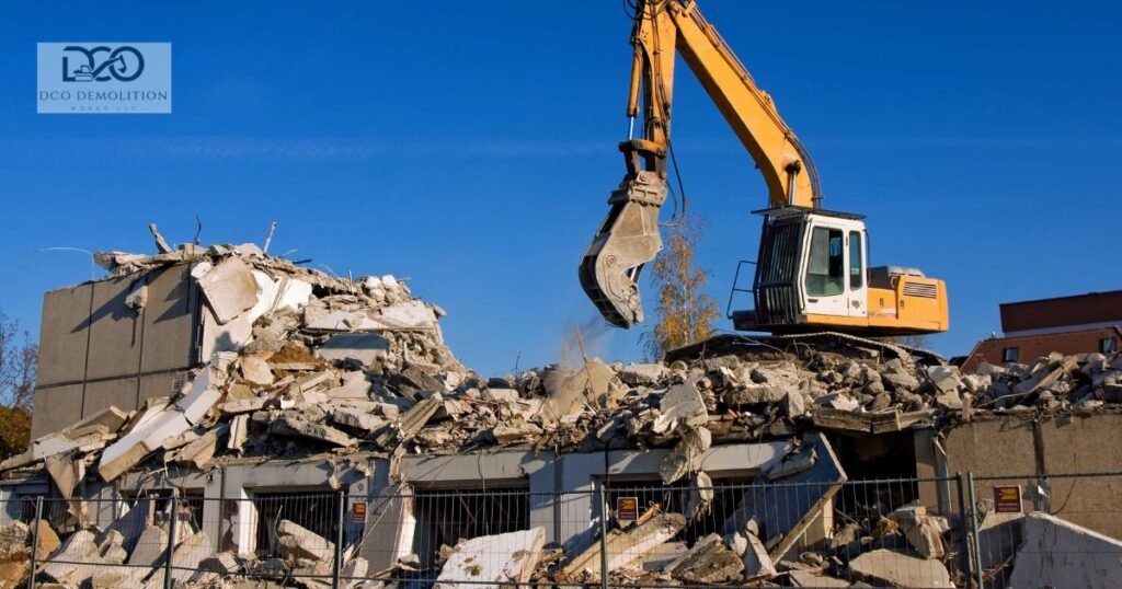 Licensed demolition contractor operating excavator for building demolition in Ras Al Khaimah UAE