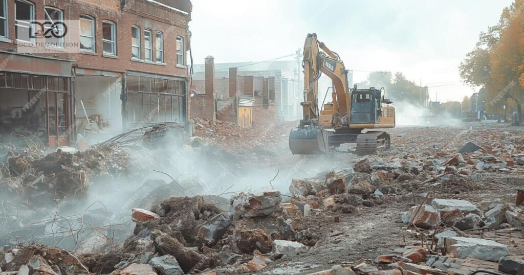 Licensed demolition contractor operating excavator for building demolition in Abu Dhabi UAE